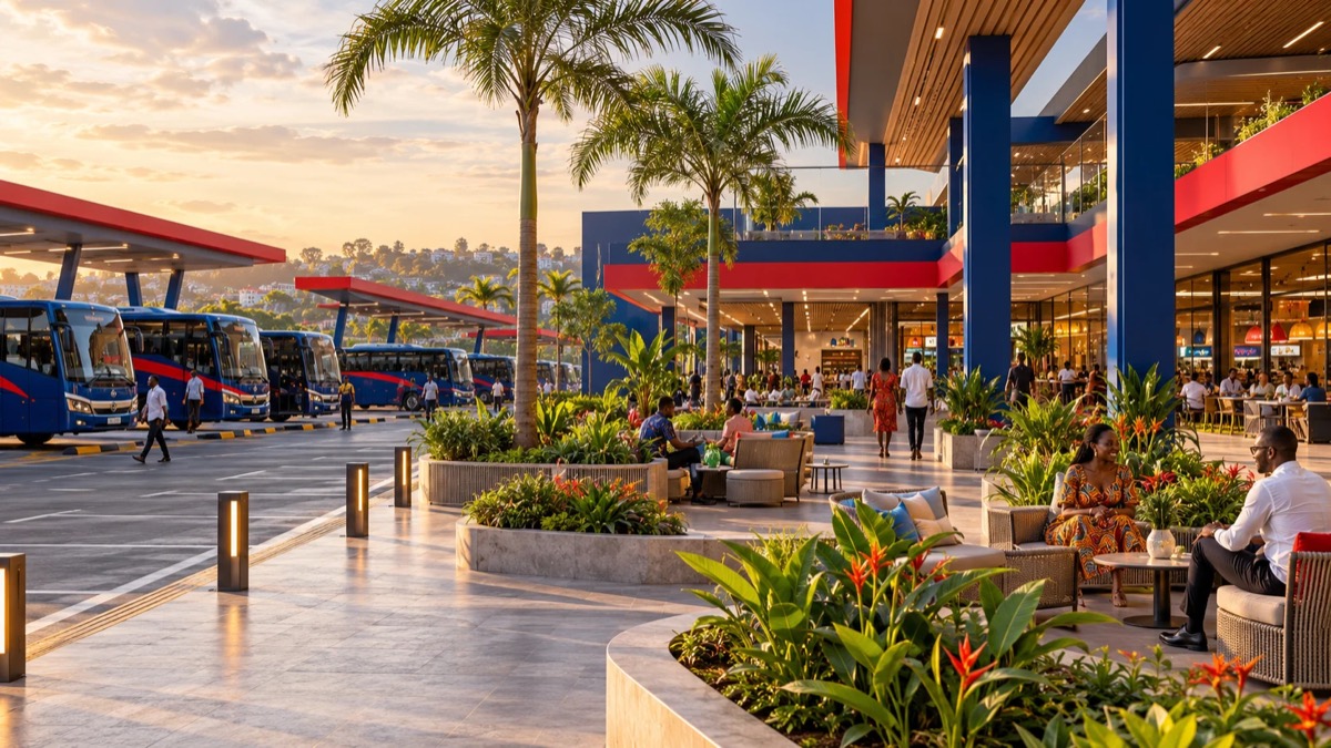 Architectural concept of a Metro Travel Plaza with covered bus bays, planted seating and a shopping arcade at sunset.